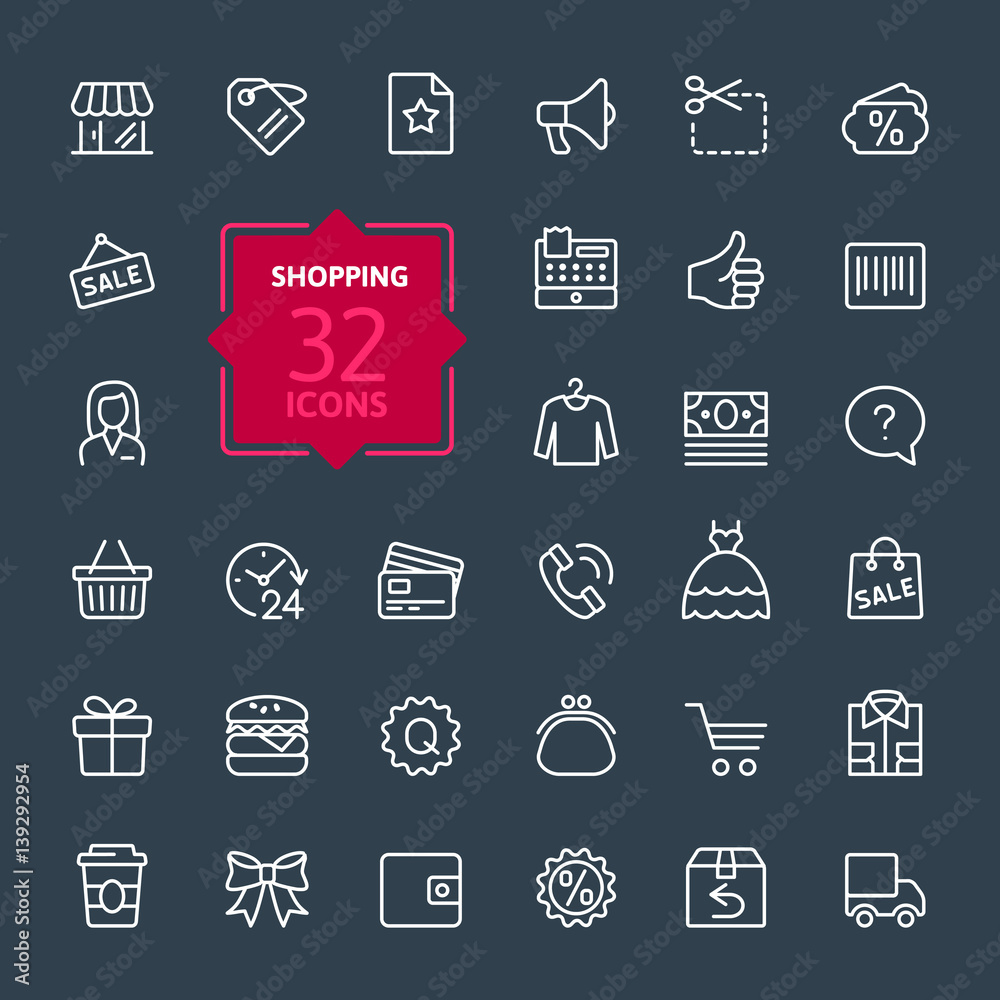 Shopping malls, retail - outline web icon collection, vector, thin line icons collection Shopping malls, retail - outline web icon collection, vector, thin line icons collection