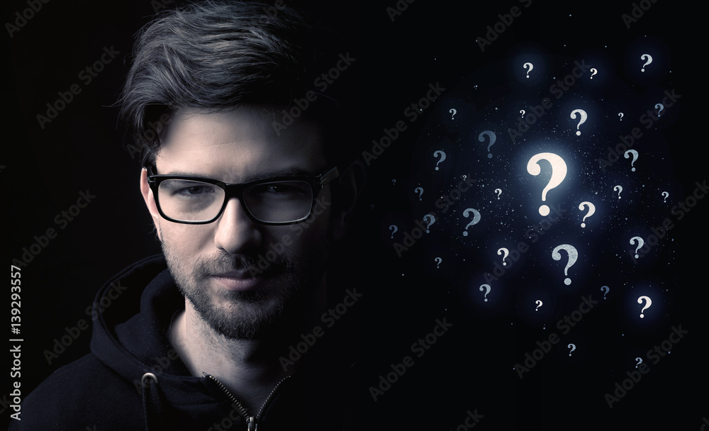man with many question mark near him man with many question mark near him