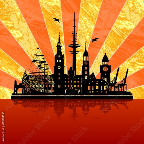 Hamburg Skyline Schattenriss Denkmäler Kultur Sehenwürdigkeiten Industrie Museen Wandtatoo Tatoo Umriss Stadtansicht Hafen Architektur