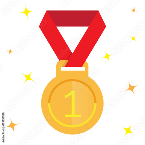 award gold medal with red ribbon, vector icon