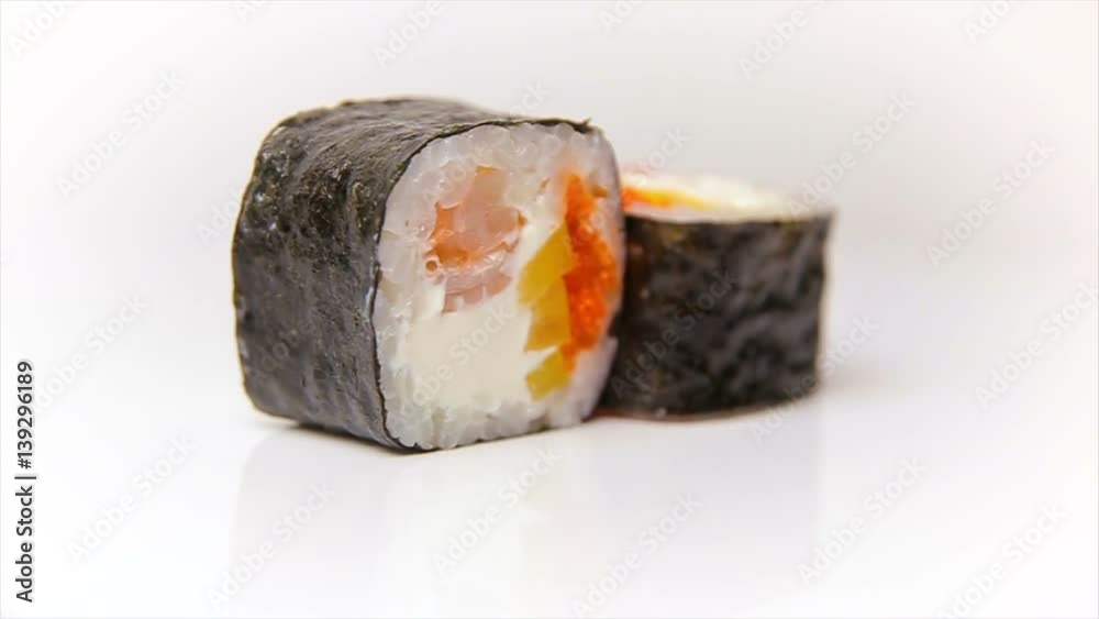 Kandzu maki sushi roll with flying fish roe, shrimp and fresh paprika Japan food Kandzu maki sushi roll with flying fish roe, shrimp and fresh paprika Japan food