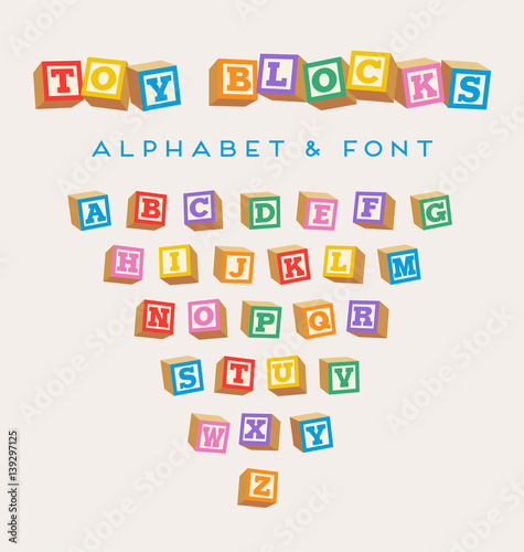 3D alphabet blocks, toy baby blocks font in bright colors photo
