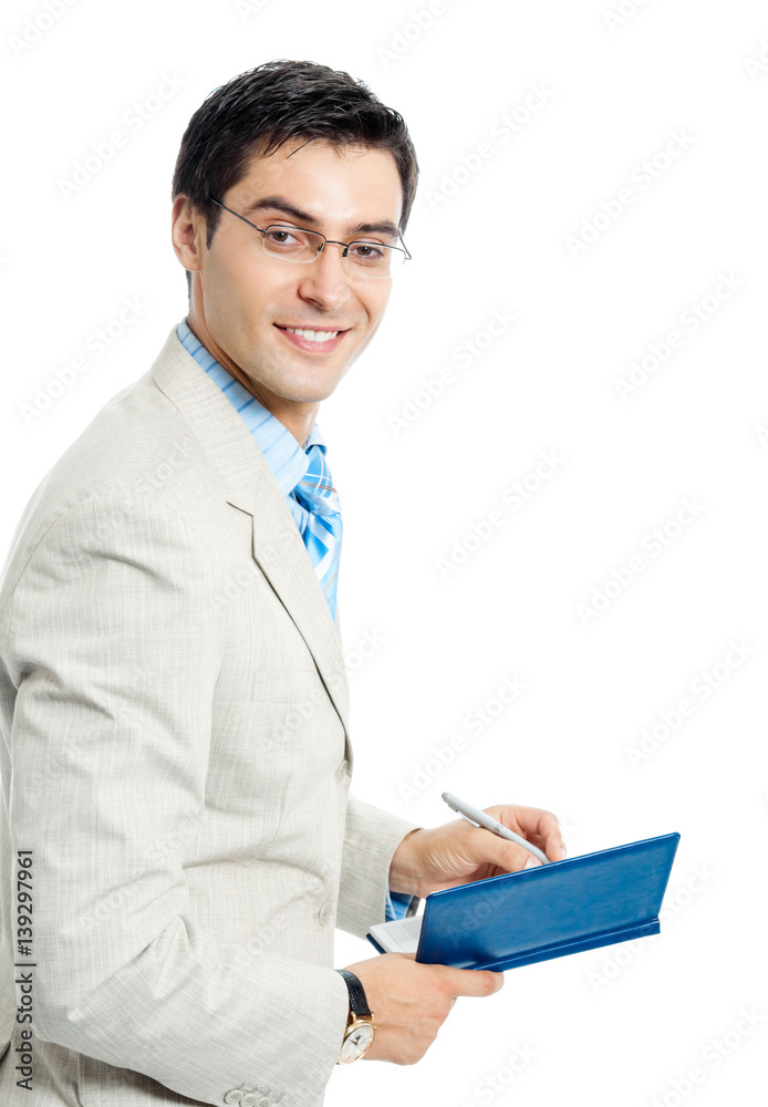 Businessman with notepad, over white Businessman with notepad, over white