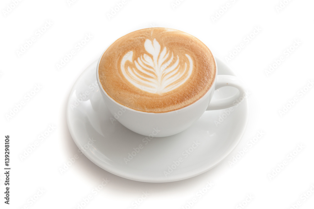 Coffee cup of rosetta latte art on white background isolated