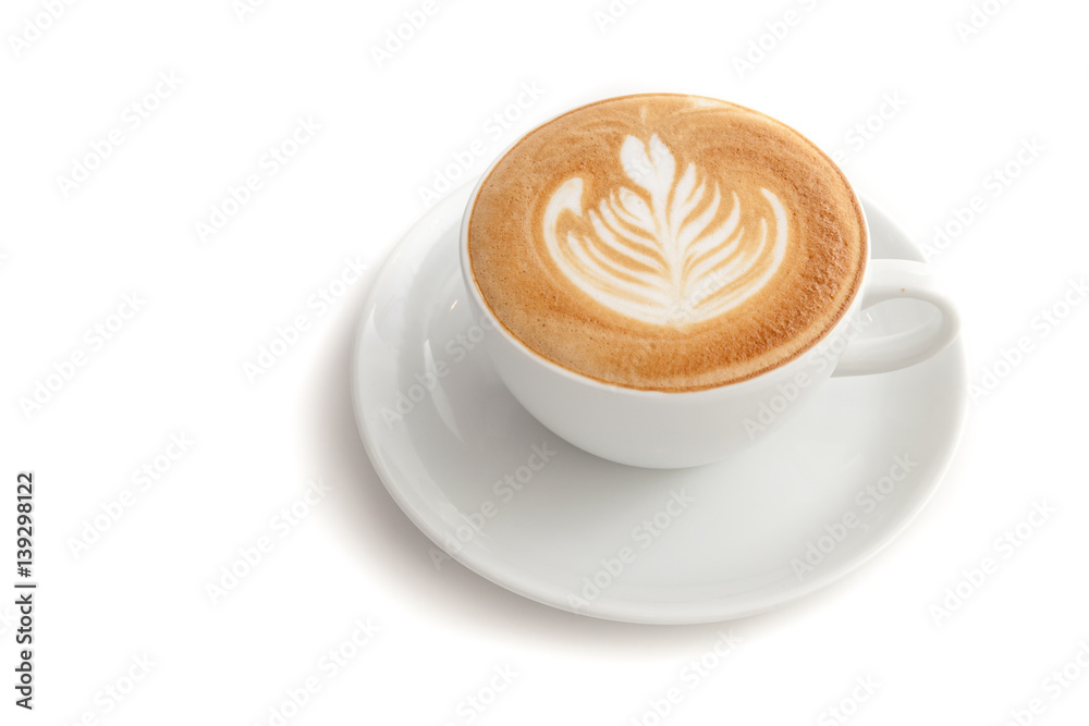 Coffee cup of rosetta latte art on white background isolated - obrazy, fototapety, plakaty 