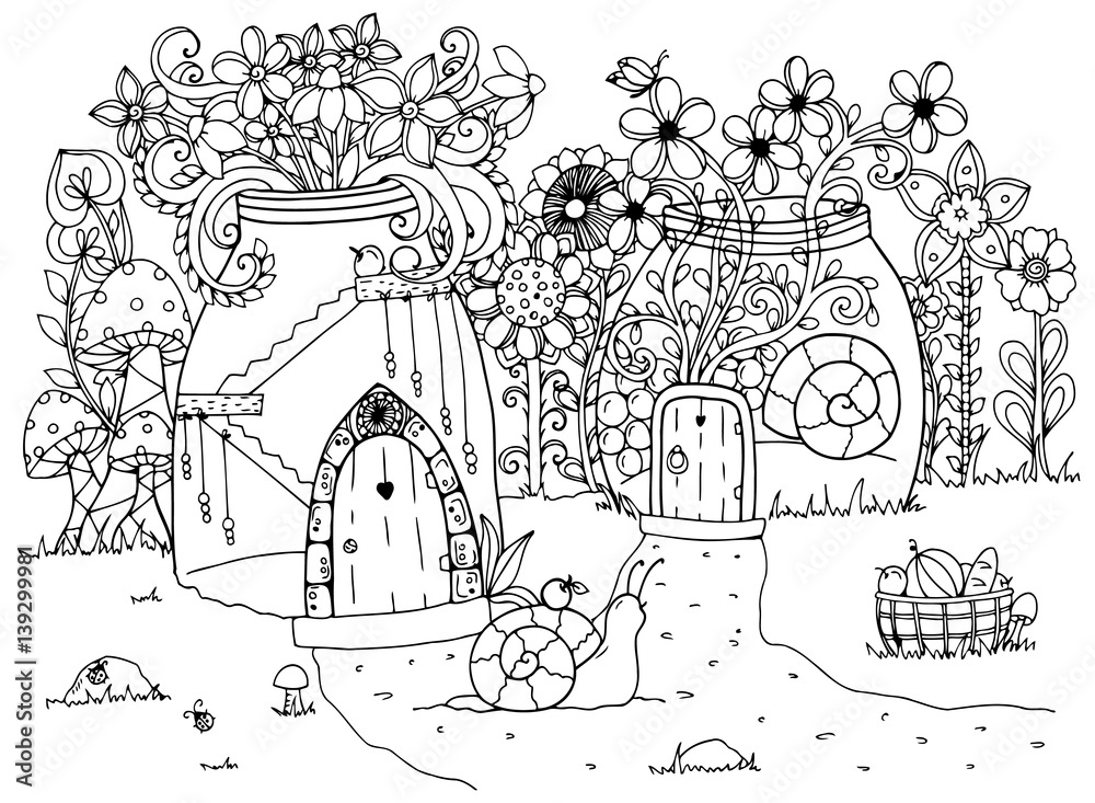 Vector illustration zentangl, Snail and the house. Doodle drawing pen. Coloring page for adult anti-stress. Black and white.