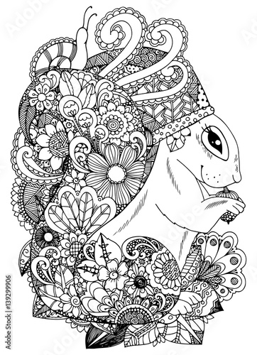 Fototapeta Naklejka Na Ścianę i Meble -  Vector illustration zentangl, squirrel with flowers. Doodle drawing. Coloring page Anti stress for adults and children. Black and white.