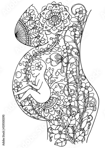 Vector illustration of handmade work, zentangl baby in the womb. Doodle drawing. Coloring page Anti stress for adults. Black and white.