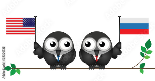 Comical American and Russian political leaders with national flags