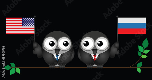 Comical American and Russian political leaders with national flags