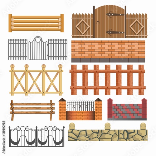 Gate, fences and hedges metal, stone, wood vector icons set