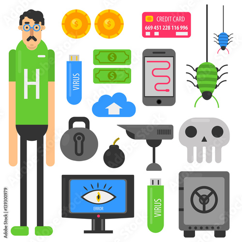 Internet hacker computer phishing malware viruses vector flat icons
