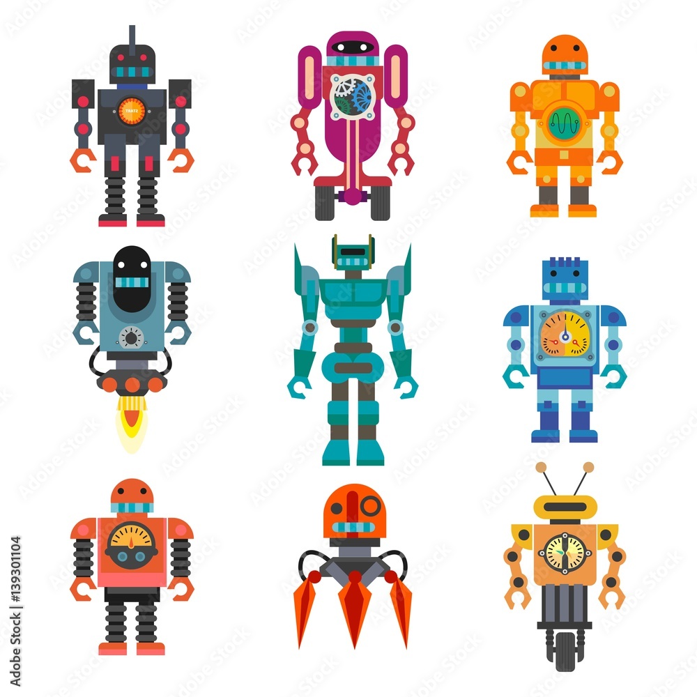 Robots and transformers retro cartoon toys flat icons set Robots and transformers retro cartoon toys flat icons set