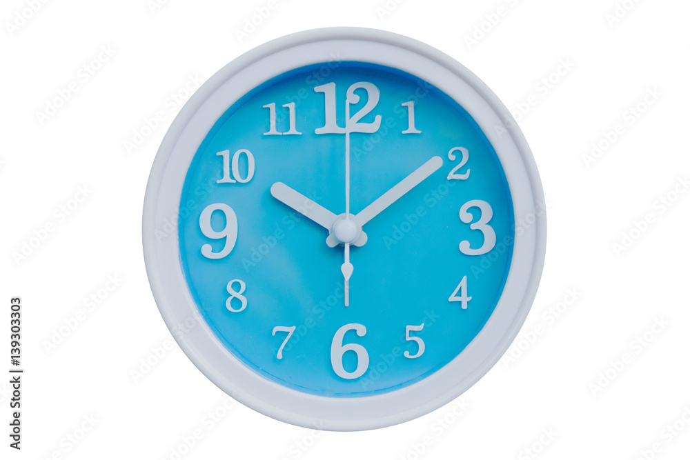 Blue alarm clock round shape on white background, close up blue alarm clock Blue alarm clock round shape on white background, close up blue alarm clock
