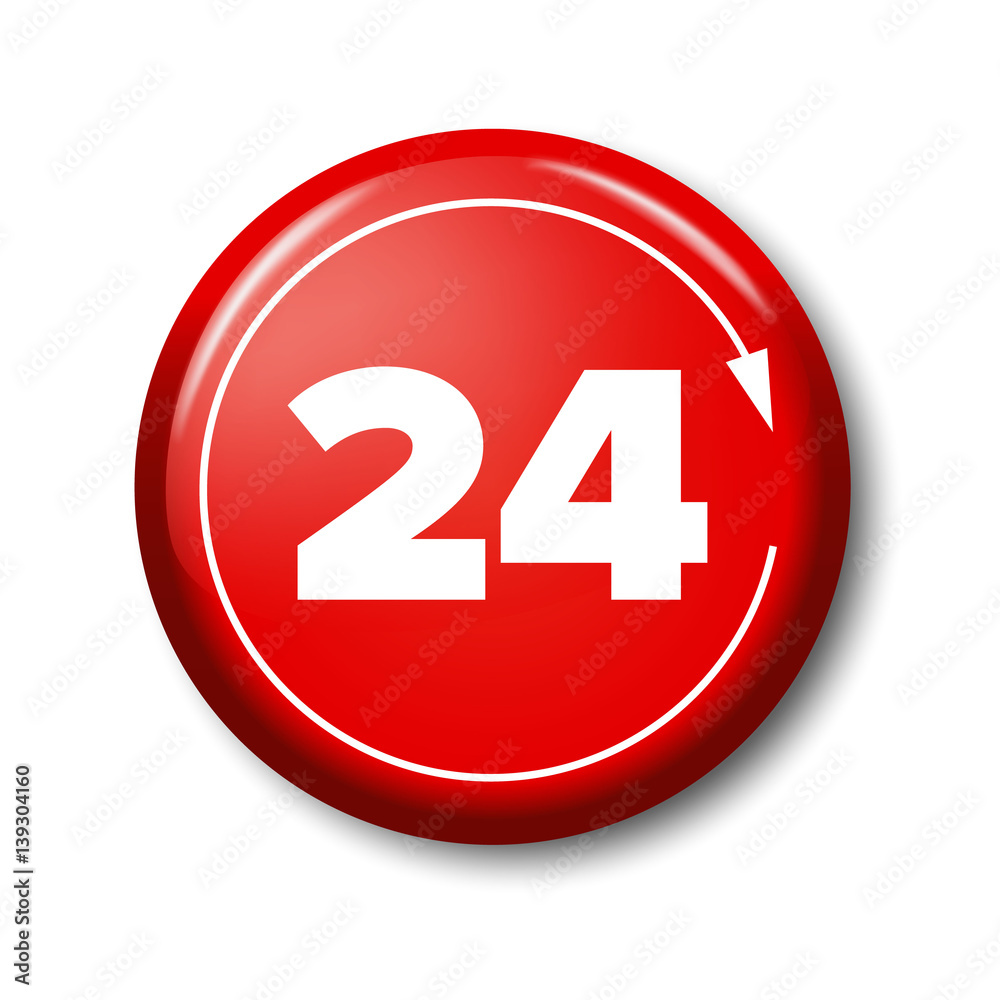 Bright red button with digits 24 and arrow. Work time circle label for posters and banners. Day-and-night open tag. Design elements on white background with transparent shadow. Bright red button with digits 24 and arrow. Work time circle label for posters and banners. Day-and-night open tag. Design elements on white background with transparent shadow.