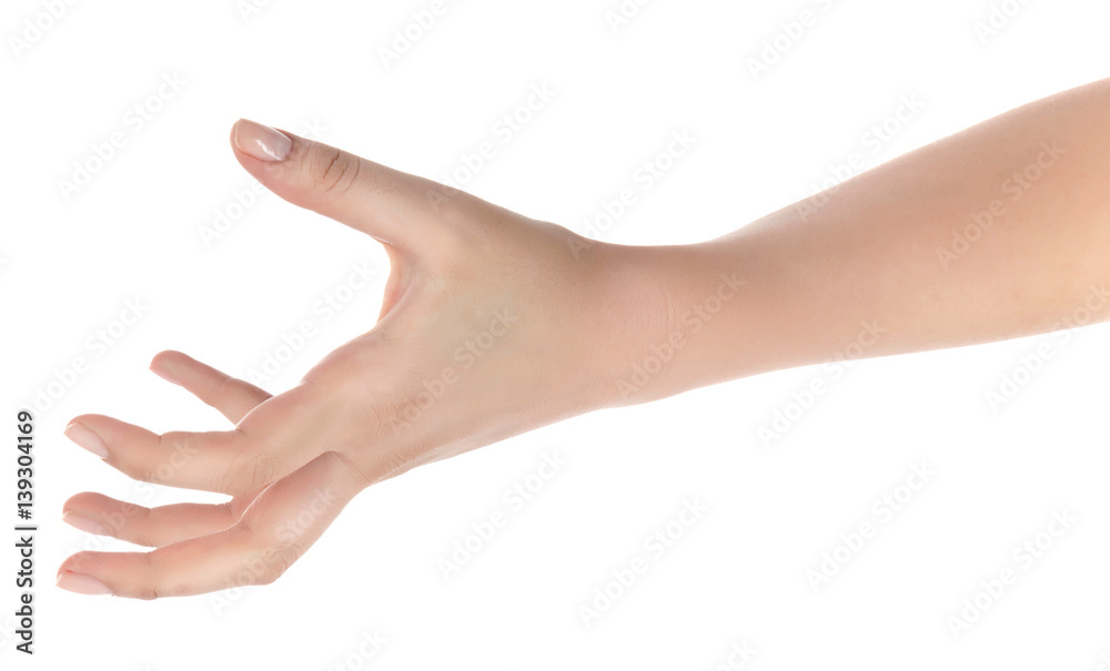 Stretched hand of woman isolated over white background. Open palm hand gesture of woman hand. Close up of open palm isolated over white background.