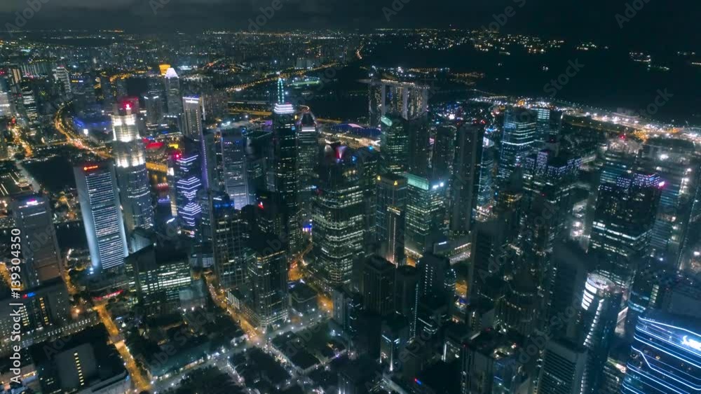 Singapore downtown Night city Aerial shooting Clouds