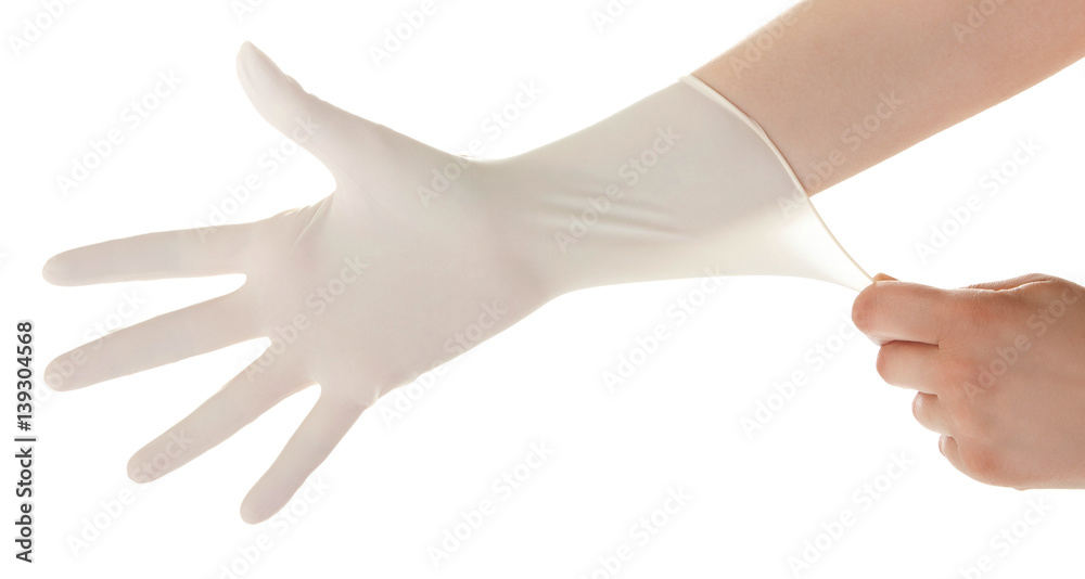 Doctor show hands with sterile gloves isolated on white. Medical advertising concept.