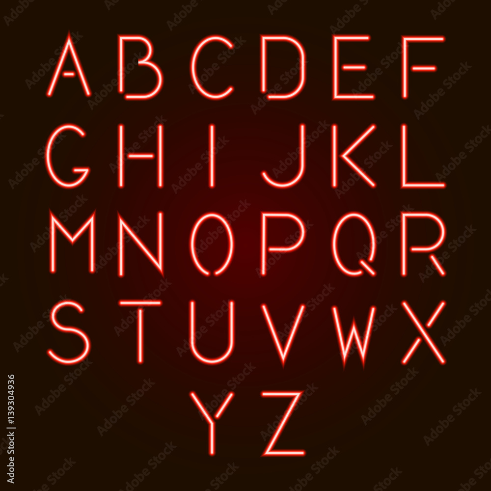 Glowing red neon alphabet letters from A to Z. Vector illustration. Glowing red neon alphabet letters from A to Z. Vector illustration.
