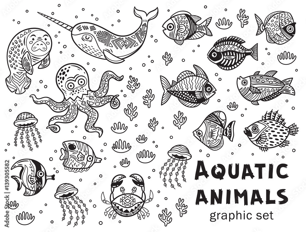 Fototapeta premium Aquatic animals vector graphic set