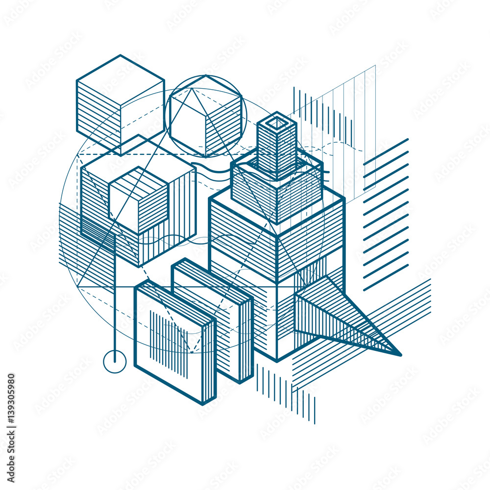 Isometric abstract background with linear dimensional shapes, vector 3d mesh elements. Composition of cubes, hexagons, squares, rectangles and different abstract elements.