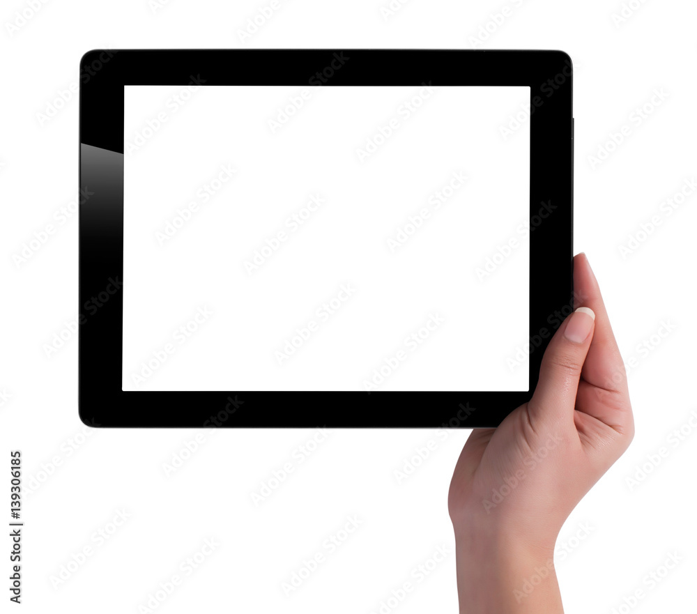 Hand holding a tablet computer with white screen. Woman hands showing empty screen of modern digital tablet. Hand holding tablet pc isolated on white background with blank screen. Hand holding a tablet computer with white screen. Woman hands showing empty screen of modern digital tablet. Hand holding tablet pc isolated on white background with blank screen.