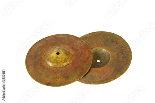 Close up of an prcussion cymbals with leather handle isolated on background.