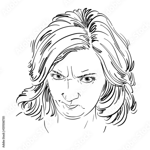 Vector portrait of angry woman with wrinkles on her forehead, illustration of good-looking but irate female. Person emotional face expression.