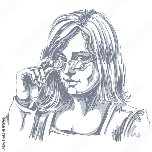 Portrait of delicate good-looking business woman with eyeglasses, black and white vector drawing. Emotional expressions idea image. Gorgeous lady with visage features expressing curiosity.