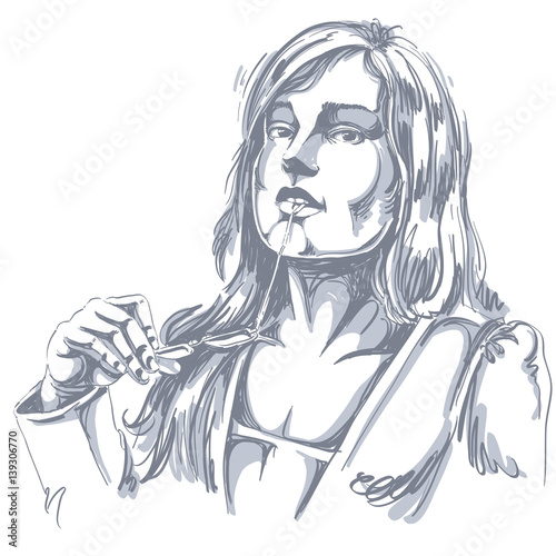 Vector portrait of attractive woman holding her eyeglasses and thinking about something, illustration of good-looking sexy lady. Person emotional face expression, visage features.