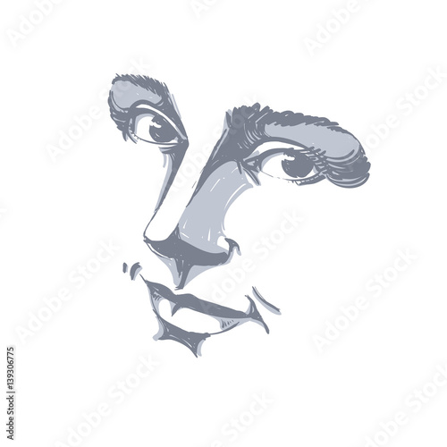 Fototapeta Naklejka Na Ścianę i Meble -  Hand-drawn monochrome portrait of delicate good-looking dreamy still woman, black and white vector drawing. Emotional expressions idea image, face features.