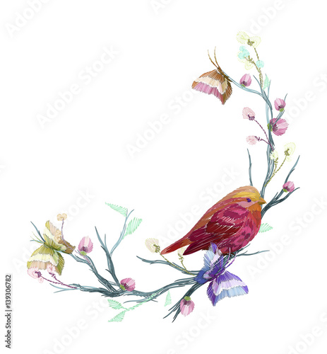 Vintage pattern in set: bird, butterfly and flower, leaf, branch, isolated on white background. Imitation of embroidery and watercolor. Hand drawn vector illustration, separated editable elements.