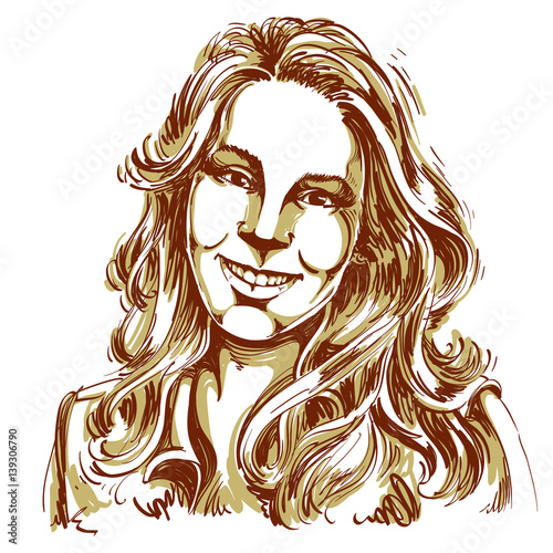 Hand-drawn vector illustration of beautiful smiling woman. Monochrome image, expressions on face of sincere young lady.