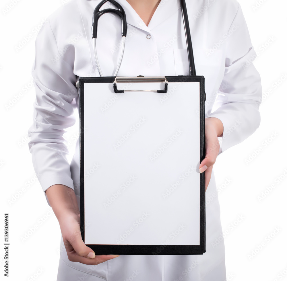 Results and information of treatment. Young female doctor holding empty folder with files of desease illness. Specialist point by pen blank clipboard. Woman in medical uniform with stethoscope. Results and information of treatment. Young female doctor holding empty folder with files of desease illness. Specialist point by pen blank clipboard. Woman in medical uniform with stethoscope.
