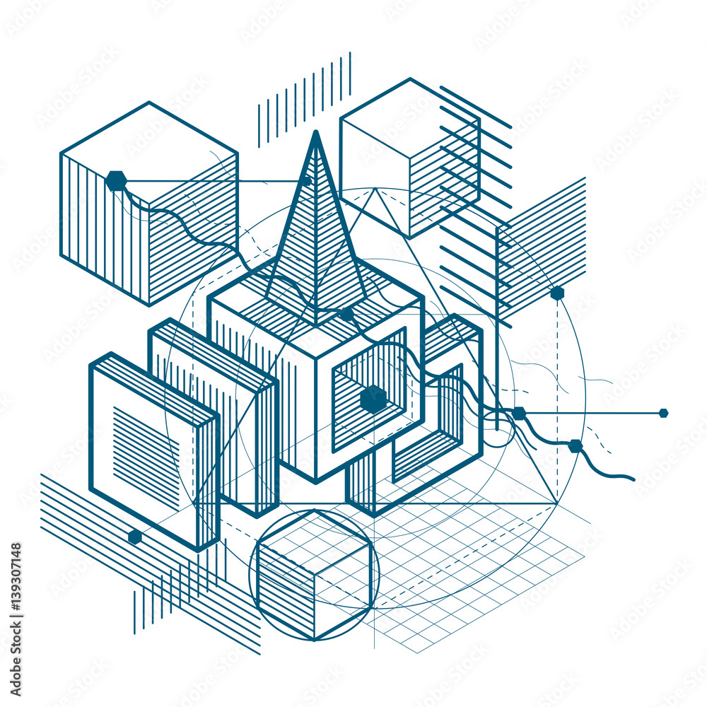Obraz premium Isometric linear abstract vector background, lined abstraction. Cubes, hexagons, squares, rectangles and different abstract elements.