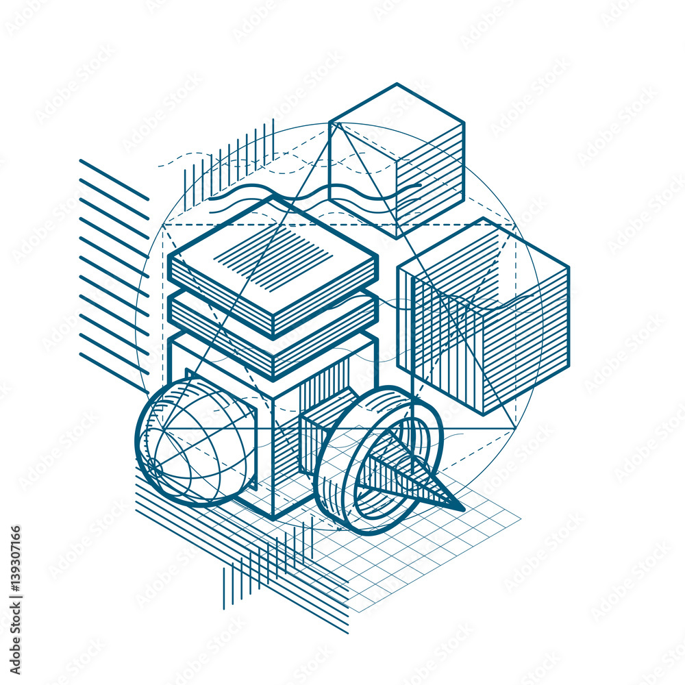 Vector background with abstract isometric lines and figures. Template made with cubes, hexagons, squares, rectangles and different abstract elements.