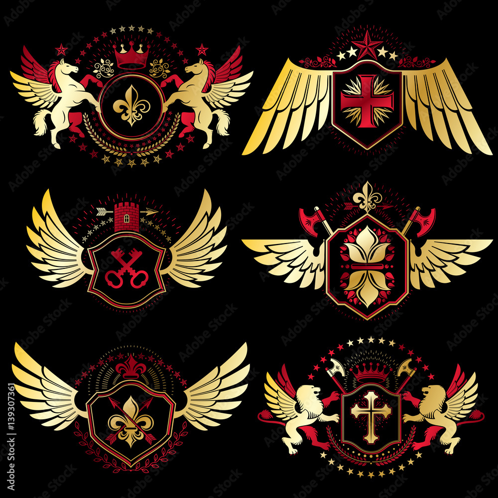 Heraldic Coat of Arms created with vintage vector elements, bird wings, animals, towers, crowns and stars. Classy symbolic emblems collection, vector set.