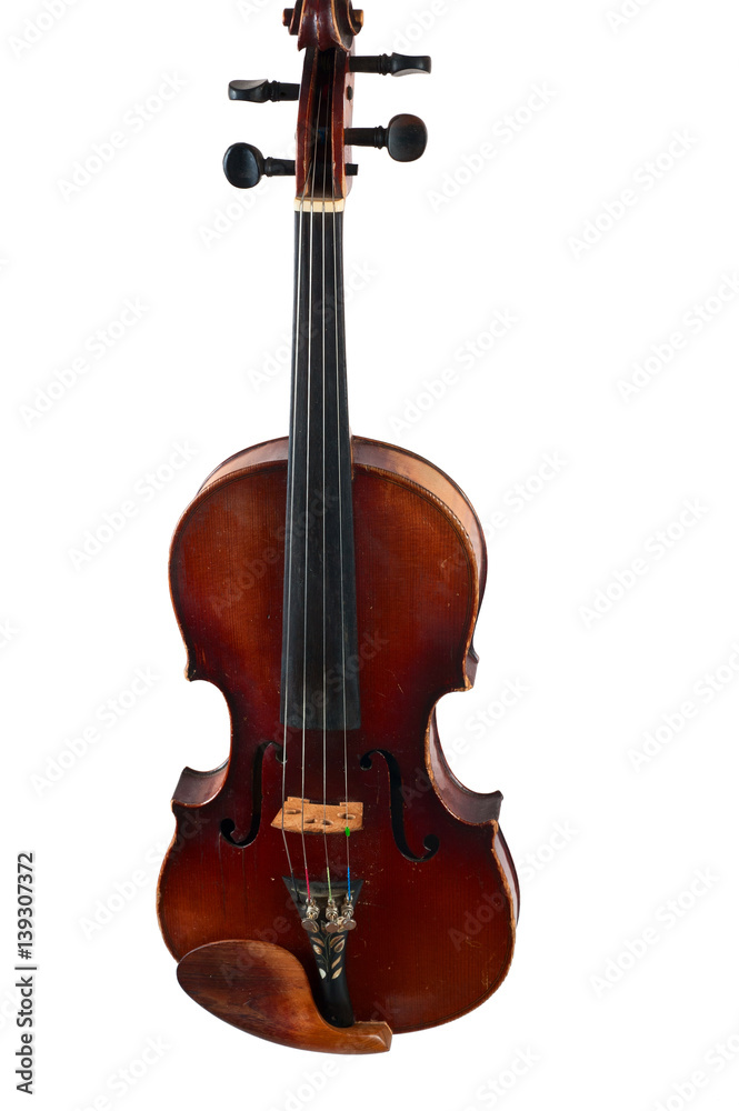 one violin image .old brown stringed wooden instrument isolated on the white background one violin image .old brown stringed wooden instrument isolated on the white background