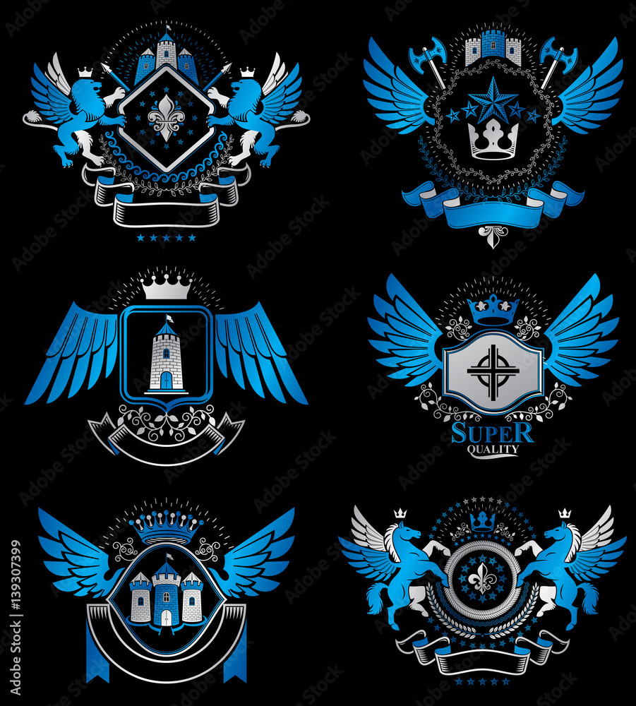 Collection of vector heraldic decorative coat of arms isolated on white and created using vintage design elements, monarch crowns, pentagonal stars, armory, wild animals.