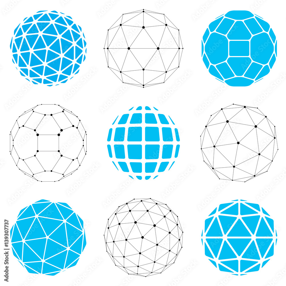 Set of vector low poly spherical objects with connected lines and dots, 3d geometric wireframe shapes. Perspective trigonometry facet orbs created with triangles, squares and pentagons. Set of vector low poly spherical objects with connected lines and dots, 3d geometric wireframe shapes. Perspective trigonometry facet orbs created with triangles, squares and pentagons.