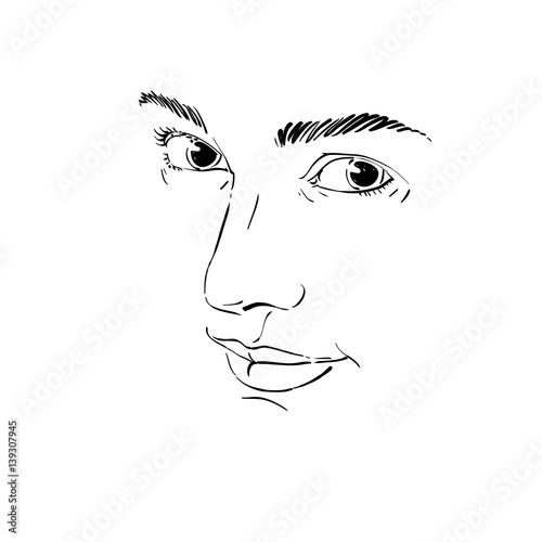 Portrait of tender dreamy still woman, black and white vector drawing. Emotional expressions idea image, face features. Monochrome illustration.