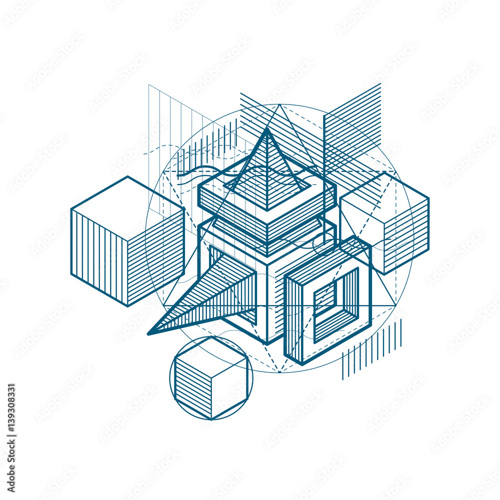 Lines and shapes abstract vector isometric 3d background. Layout of cubes, hexagons, squares, rectangles and different abstract elements.