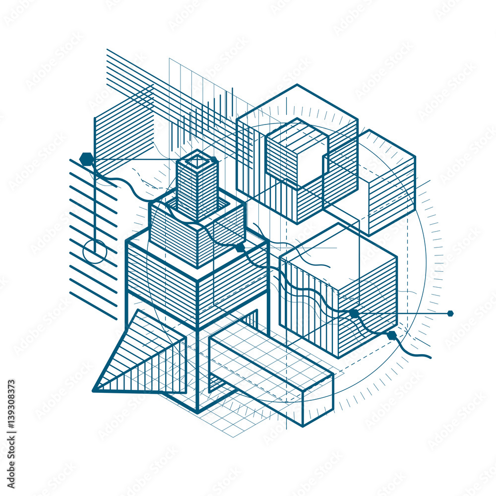 Abstract vector background with isometric lines and shapes. Cubes, hexagons, squares, rectangles and different abstract elements.