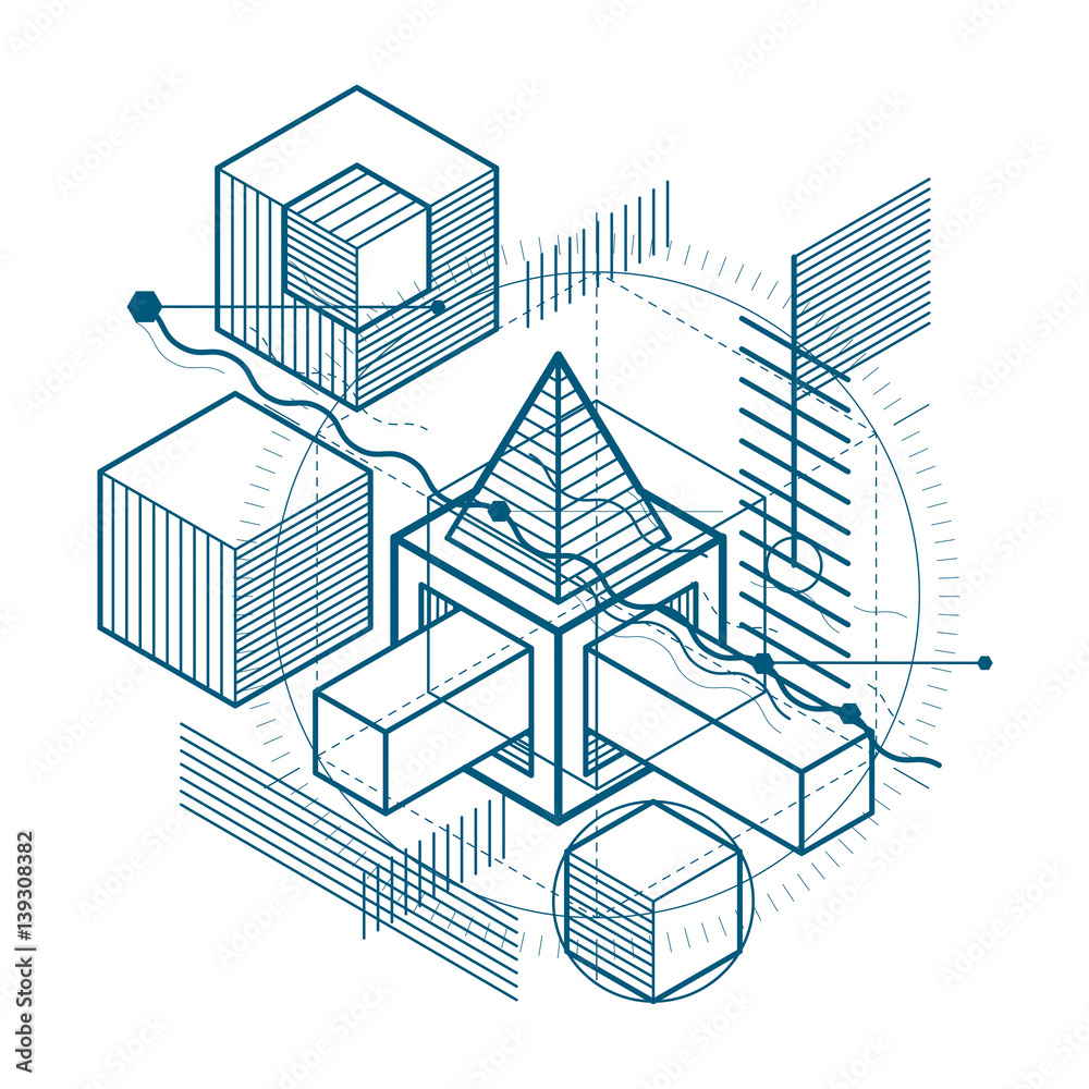 Fototapeta premium Isometric abstraction with lines and different elements, vector abstract background. Composition of cubes, hexagons, squares, rectangles and different abstract elements.