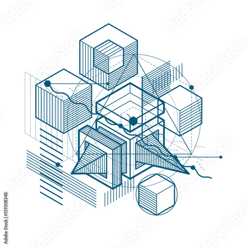 Isometric abstract background with lines and other different elements  vector abstract template. Composition of cubes  hexagons  squares  rectangles and different abstract elements.