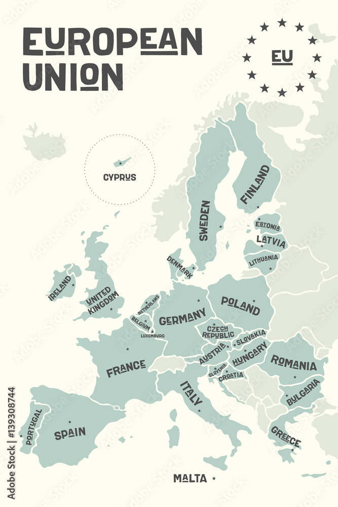 Obraz premium Poster map of the European Union with country names and capitals. Print map of EU for web and polygraphy, on business, economic, political, Brexit and geography themes. Vertical. Vector Illustration