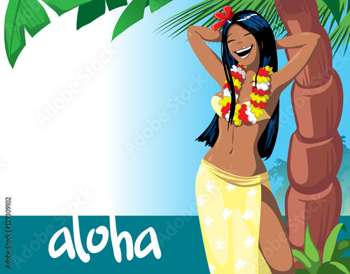 Hawaii party. Young pretty hula girl on the beach. Cartoon vector illustration