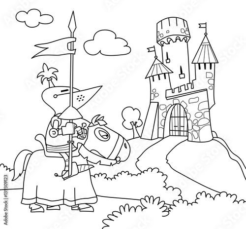 A wandering knight on a horse near the castle. Coloring book. Cartoon vector illustration