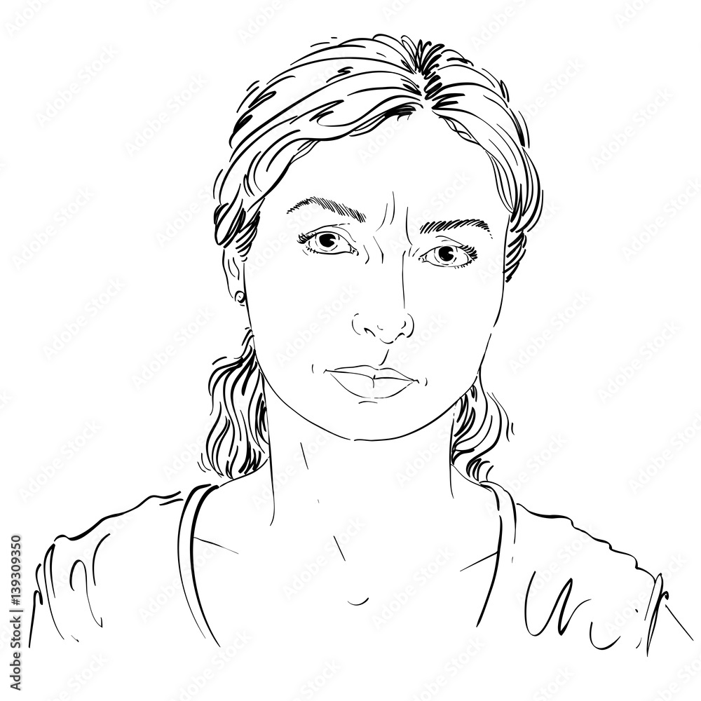 Graphic vector hand-drawn illustration of white skin angry lady with stylish haircut. People negative face expressions. Misunderstood theme. Graphic vector hand-drawn illustration of white skin angry lady with stylish haircut. People negative face expressions. Misunderstood theme.