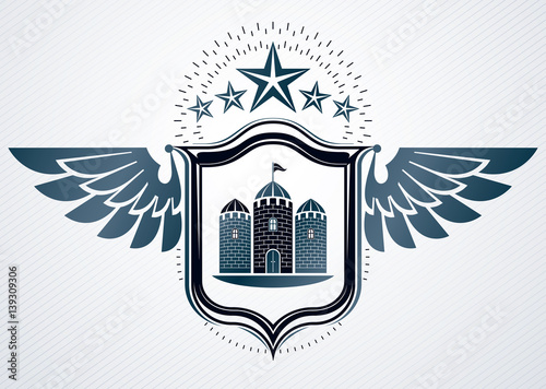 Vector retro insignia design decorated using vintage elements like medieval tower, eagle wings and pentagonal star